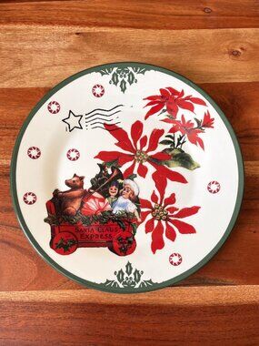 Clay Art Santa Claus Express Christmas Plate 8" Poinsettia Holiday Cookie Dish
